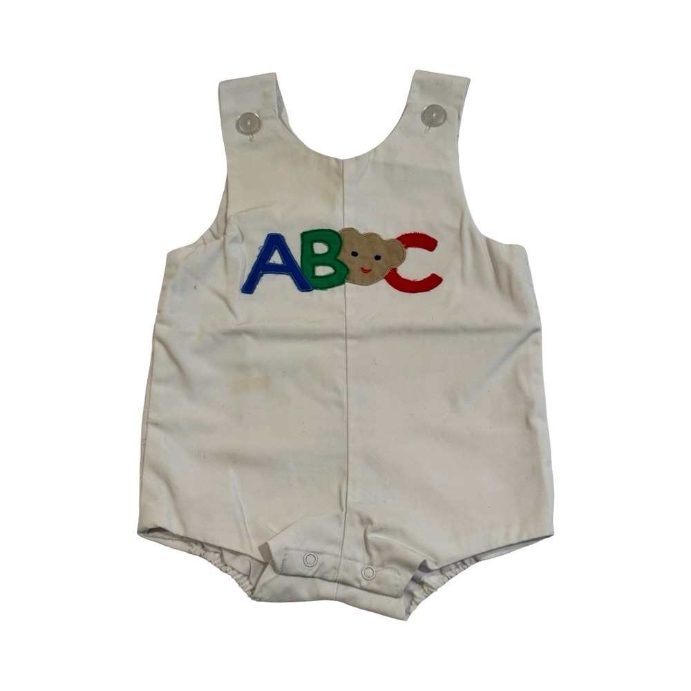 Vintage Samara Baby Romper White ABC Teddy Bear Applique Sunsuit Size 6 - 12 mos
